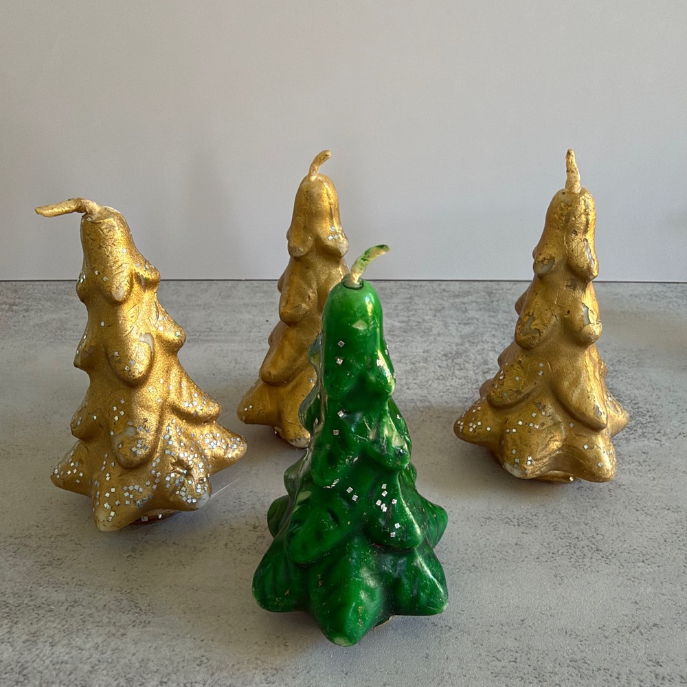 Vintage Gurley Novelty Co Christmas Tree Candles Gold Green Glitter Set of 4